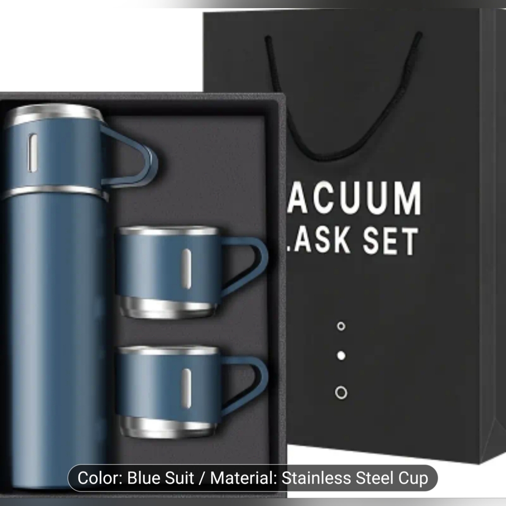 Stainless Steel Vacuum Flask Gift Set & 3 Cups Blue Insulated Travel Thermos
